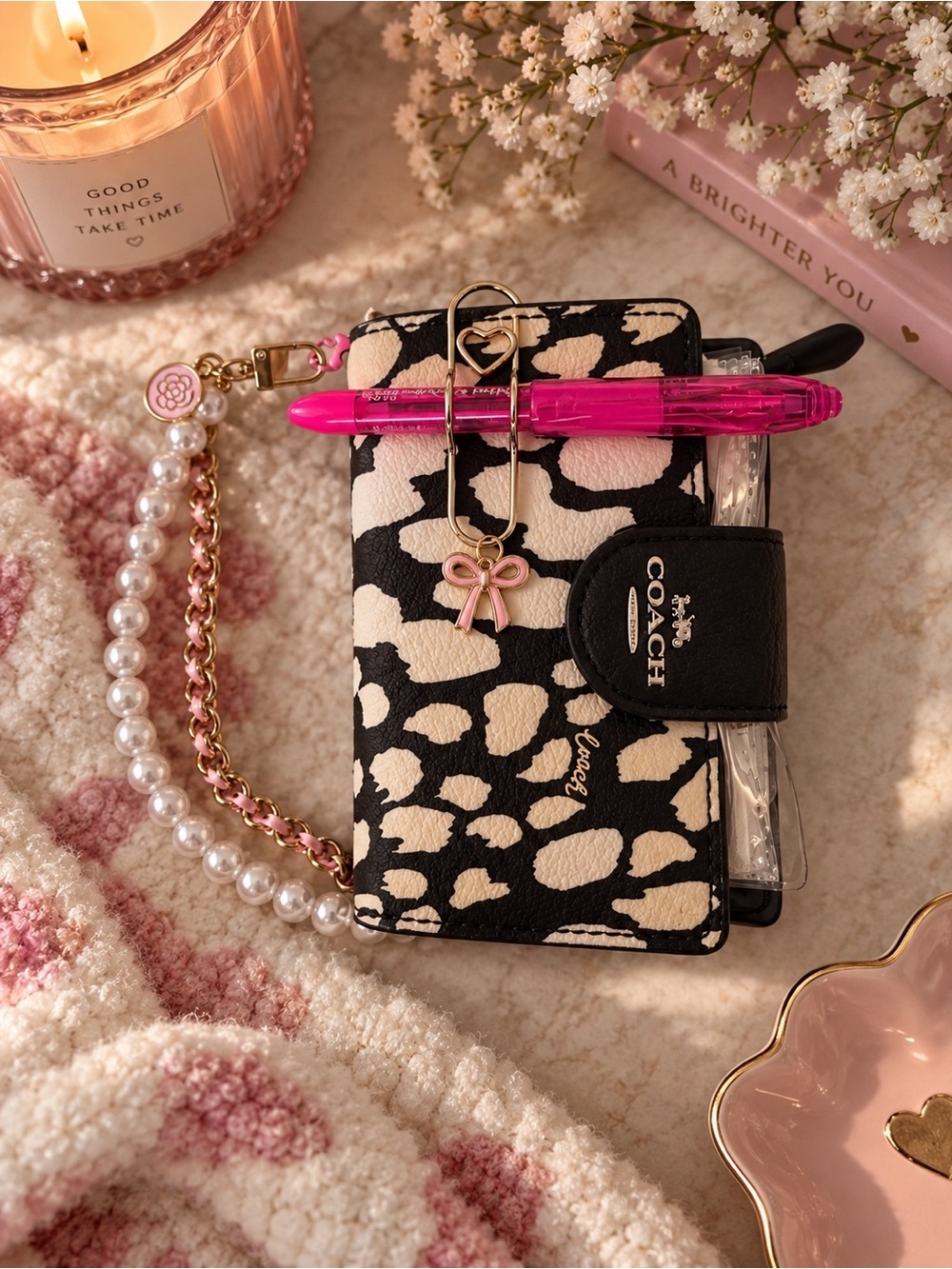 Coach Black & Cream Animal-Print Card Holder with Pearl Chain & Pink Bow Charm
